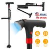 Folding Walking Cane with LED Light Red Flashing Light SOS Warning Tone 5 Adjustable Height Pivoting Quad Base Collapsible Portable Lightweight Walkin