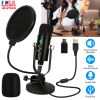 USB Condenser Microphone Set Professional Cardioid Studio Mic w/ Pop Filter Type-C Adapter for Computer Phone Recording Streaming Gaming