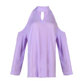 Women\'s Sexy Off The Shoulder Blouses Cold Shoulder Tops V-Neck Long Sleeve T-Shirt Solid Color Summer (Option: VNeckTshirtMPurple)
