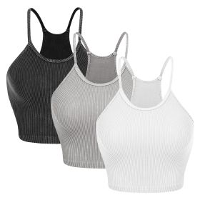 3 Pack Women Crop Basic Tank Top Ribbed Knit Sleeveless Round Neck 9 Color Machine Wash Summer Crop S to XL (Option: CropBLKWHTLGRYS)