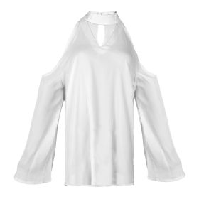 Women\'s Sexy Off The Shoulder Blouses Cold Shoulder Tops V-Neck Long Sleeve T-Shirt Solid Color Summer (Option: VNeckTshirtLWhite)