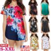Women Summer Shirts Tops Loose Short Sleeve T Shirts Casual Floral Printed Button Shirts Blouse S-XXL