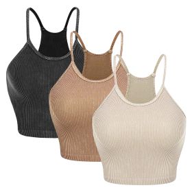 3 Pack Women Crop Basic Tank Top Ribbed Knit Sleeveless Round Neck 9 Color Machine Wash Summer Crop S to XL (Option: CropDGRYKhaBeigeS)