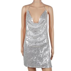 Sexy Women Chain Choker Side Slit Backless Slip Dress With Sequins (Option: GiftBacklessDressSLVL)