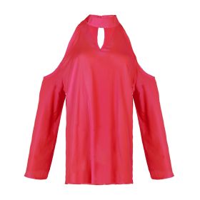 Women\'s Sexy Off The Shoulder Blouses Cold Shoulder Tops V-Neck Long Sleeve T-Shirt Solid Color Summer (Option: VNeckTshirtLRed)