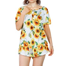 Women Summer Shirts Tops Loose Short Sleeve T Shirts Casual Floral Printed Button Shirts Blouse S-XXL (Option: TShirtSYellow)