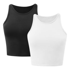 Women Sleeveless Cropped Tank Top High Neck Crop Racer Back Workout Top Machine Washable Summer S M L XL 2XL (Option: TankTopBlackWHT2XL)
