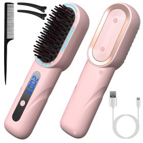 Cordless Hair Straightener Brush Rechargeable Mini Styling Comb with 4 Heating Levels Blue Light Sterilization Single press Stray Hair Removal 20Mins (Option: StraightenerBrushPink)