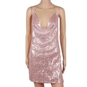 Sexy Women Chain Choker Side Slit Backless Slip Dress With Sequins (Option: GiftBacklessDressGLDXL)