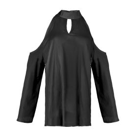 Women\'s Sexy Off The Shoulder Blouses Cold Shoulder Tops V-Neck Long Sleeve T-Shirt Solid Color Summer (Option: VNeckTshirtSBlack)